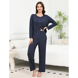 TeJoyce Cotton Pajamas for Women Set 2 Piece Floral Print Long Sleeve Pajamas Set Cut Soft Pjs Loungewear with Pockets S-XXL Navy Blue