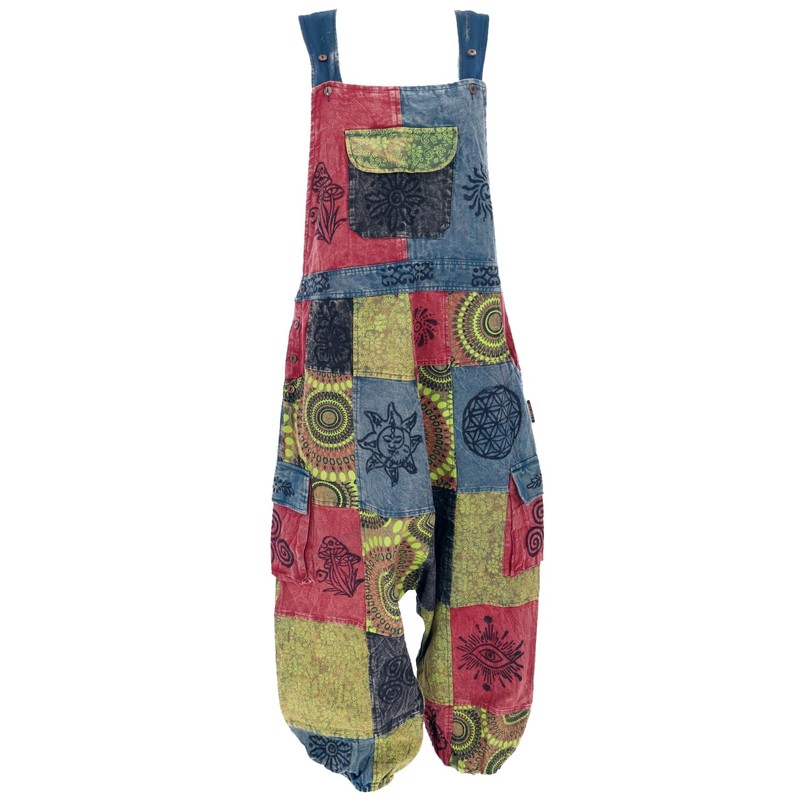 GURU SHOP Natural Patchwork Dungarees, Jumpsuit, Women, Green, Cotton, Size: