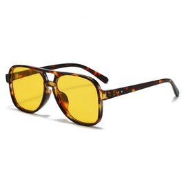 Long Keeper Retro Pilot Sunglasses Aviator Glasses Men Women Square Sunglasses Large 70s Classic Square Pilot Retro Glasses with UV400 Protection, Leopard Frame - Yellow Lenses