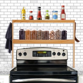 31.5 Inch Double Layer over the Stove Spice Shelf for Kitchen Wooden Stove Top Spice Rack Oven Shelf for Top of Stove Spice Rack Organizer Shelf Storage Display Shelf with 6 Hooks, Easy to Assemble