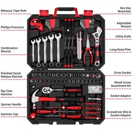 DEKOPRO Tool Set:158 Piece Home Tool Kit, Household Basic Repair Tool Set Comes with Plastic Storage Case-Red