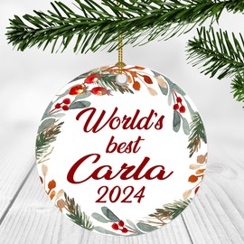 Merry Christmas Ornament with Name Carla Ornament - World's Best Carla - Xmas Tree Decorations Gift for Carla, Christmas Ornaments 3 Inch Plastic Flat for Tree
