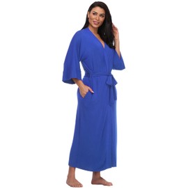 Women's Modal Kimono Robe Long Knit Bathrobe Sexy V-Neck Nightgown Lightweight Sleepwear,Blue,S