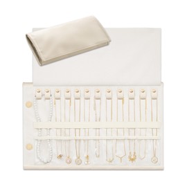 Lolalet Travel Necklace Organiser, Tangle-Free Necklace Case for Travel, Leather Foldable Roll Up Jewellery Storage Bag for Necklaces Chains Bracelets -Cream White, 12 Slots Holder