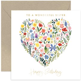 Old English Co. Wonderful Sister Birthday Card for Her - Floral Heart Painting Gold Foil Card - Cute Birthday Card for Female - Women Birthday Card Gifts - Flower Card | Blank Inside Envelope
