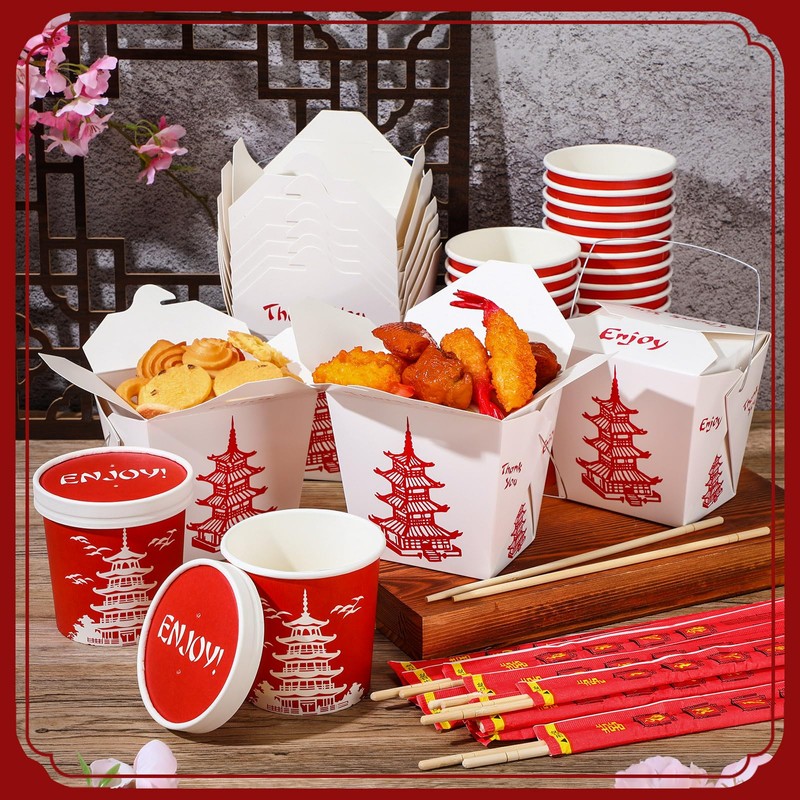 Zubebe 24 Set 32 oz Chinese Take out Box, Bamboo
