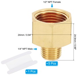 PATIKIL Brass Pipe Fittings Reducer Set, 2Pcs 1/2" NPT Female x 1/4" NPT Male Thread Brass Hex Tubing Adapter Connector Tube Adaptor Converter with PTFE Tape for Water, Air, Gas Line