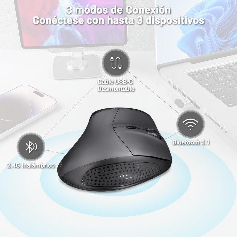 TERPORT F50 Mouse Vertical Inalámbrico, Mouse Ergonómico con 3 Modos