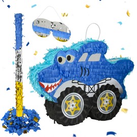 Small Shark Monster Truck Pinata (Blue, Black) with a Blindfold, a Bat and Confetti (16.5x12x3 Inches), Perfect for Birthday Parties, Monster Themed Decorations