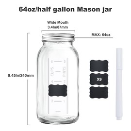 64 OZ Wide Mouth Mason Jars with Lids, Clear Heavy Duty Glass Airtight Storage Canning Jar and Band Half Gallon / 2 Quart Fermenting, Pickling, Storing, Pack of 3