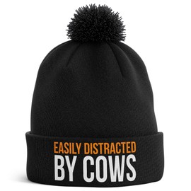 Purple Print House Farming Gifts - Easily Distracted by Cows Funny Beanie Hat - Tractor Gifts Farmers Gifts (Black Bobble)