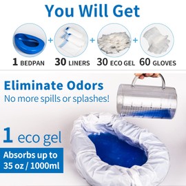Bed Pan Set with 30 Absorbent Gel Pads and 30 Disposable Liners, Bedpan with Liquid Waste Powder Gelling and Liners for Women, Elderly, Men and Females