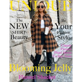 Blooming Jelly Women's Button Down Flannel Shirts Plaid Shacket Long Sleeve Collared Long Jacket Coats（Large,Brown Plaid）