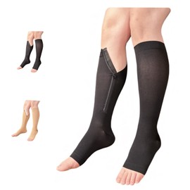 Ziperior Open Toe 15-20 mmHg Compression Grade Calf Pain Leg Inside Zipper Socks (Black, Small-Medium)
