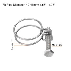sourcing map 6Pcs Double Wire Hose Clamp, 40-45mm Adjustable Stainless Steel Wire Hose Clips with M8 Bolt for Dust Collection Hose, Pump Hose Pipe