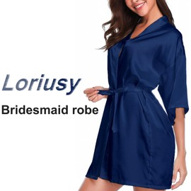 Loriusy Bridal Robe, Long Satin Bathrobe, Bath Robe for Women, Wedding Party for Bride, Dressing, Dark Blue, XL