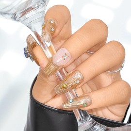 Sethexy Gold Long Ballerina Press On Nails Rhinestone Glitter Handmade False Nails Hand-painted Glossy Fake Nail Acrylic Luxury Salon Quality for Women and Girls 20PCS (G)