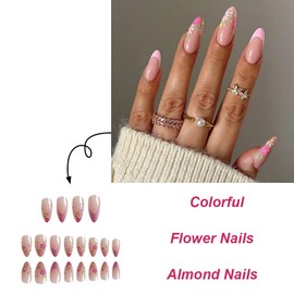 Pink French tips Press on Nails Medium Almond Fake Nails with Design Pink Flower Glue on Nails Glossy Daisy Fall Nails Reusable Summer False Nails for Women Girls Manicure 24pcs