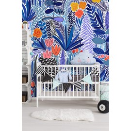 Removable Peel 'n Stick Wallpaper, Self-Adhesive Wall Mural, Watercolor Pink Floral Pattern, Nursery Room Decor • Tropical Blue Flowers (24"W x 132"H Inches)