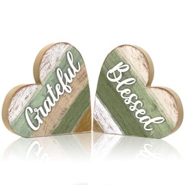 Jetec 2 Pcs Rustic Table Decorations for Living Room Home Decor Farmhouse Valentines Day Centerpiece Small Love Wooden Heart Decor for Dining Room Shelf Valentines Gift Decoration (Blessed Style)