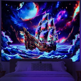 Amhokhui UV Reactive Trippy Tapestry Blacklight Neon Ocean Wave Tapestries Hippie Ghost Sailboat Ship Tapestry Galaxy Space Wall Hanging Decor for Home