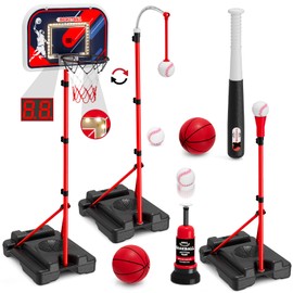 HYES 4 in 1 Kids Basketball Hoop and Tball Set for Toddlers 3-5, Basketball Goal with Scoreboard & LED, Hanging Tee Ball Stand with Baseball Pitching Machine, Indoor Outdoor Sport Toys for Boys 4-8