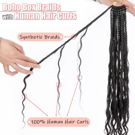 IXIMII Goddess Boho Crochet Braids with Human Hair Curls 30inch 1B# 8packs 96strands Deep Wave Pre Looped Bohemian Box Braids Crochet Hair Handmade Curly Ends Hair Extensions For Women