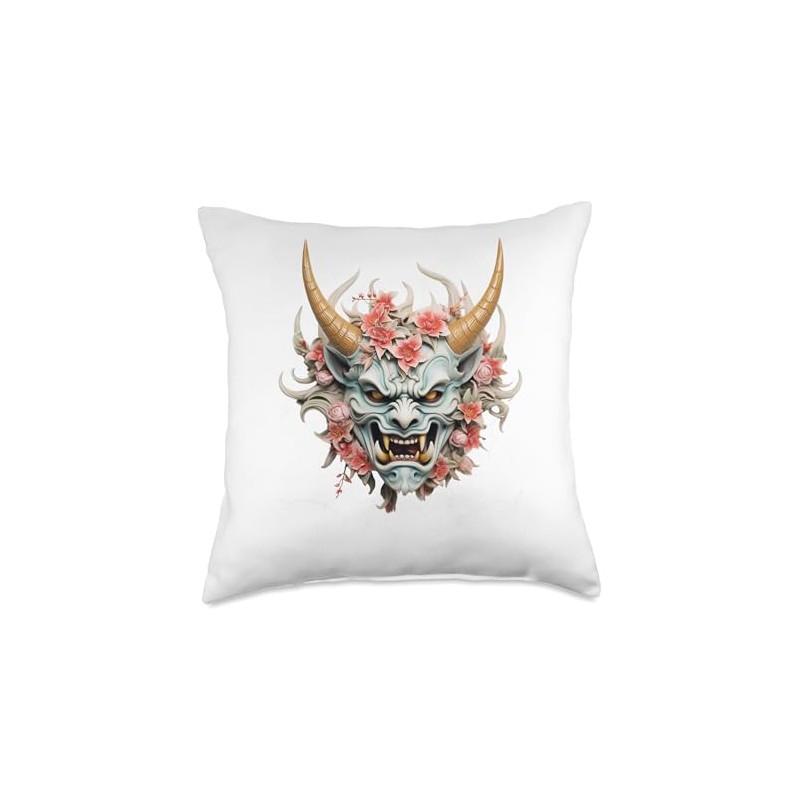 Scary Yokai Oni Mask With Red Flowers Japanese Anime Warrior