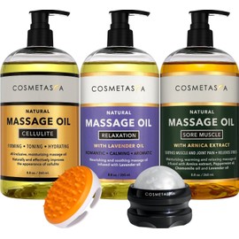 Cosmetasa Cellulite, Sore Muscle , Lavender  Massage Oils with Roller Massage Ball & Mitt