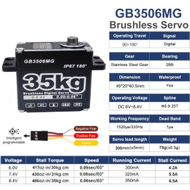 GOTECK 35KG Brushless Digital Servo Large Torque 8.4V Full Metal Gear IP67 Waterproof Steering Servo with 25T Servo Horn for 1/6 1/8 1/10 RC Crawler Car Robot Boat Truck Robot Parts (35KG(8.4V)-180°)