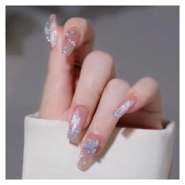 ALLMIRA Nail Tips, Long, 24 Pieces, Pink, Coming-of-Age Ceremonies, Winter, Korean False Claws, Blue, Long, Stylish, Popular, Glitter, Fengle Nails, Simple, Blue Type (Light Blue Ice Butterfly)