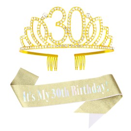CURASA Birthday Sash and Crown for Women 30th Birthday Sash Gold Birthday Crown Adult Women Rhinestone Birthday Tiara Gold Its My 30th Birthday Sash Birthday Decoration for Party Gifts