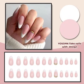 RabbFit Pack of 24 Medium French Tip Press On Nails Almond Nude Gradient White Fake Nails Full Cover Artificial Nails Glossy Nude Stick On Nails for Women