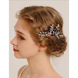 Teyglen Silver Blue Teardrop Crystal Wedding Hair Comb Full Rhinestone Hair Piece for Bride Wedding Hair Comb Sparkly Rhinestone Headpiece Hair Accessories for Women(Silver and blue)