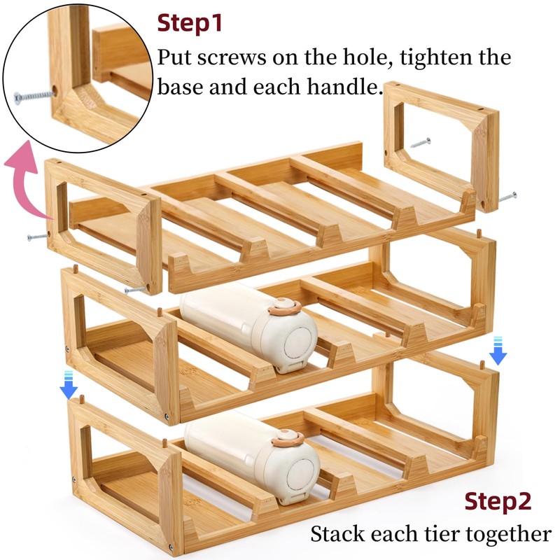 Pumtus 3 Tier Bamboo Water Bottle Organizer, Stackable Bottle Storage