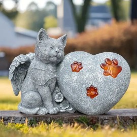 Elegant Garden, Solar Powered Angel Cat Resin Sculpture with Glowing Paw Print Lights, Handcrafted Kitten Figurine on Heart BaseColor: Gray, Size: One Size