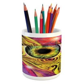 Ambesonne Psychedelic Pencil Pen Holder, Hippie Hallucinatory Eye in Vivid Colors with Optical Swirl Lines Graphic, Printed Ceramic Pencil Pen Holder for Desk Office Accessory, Fuchsia Yellow