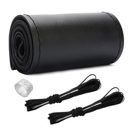 Ziciner - Funda de piel auténtica para volante, con puntadas en envoltura, protector de volante de coche transpirable antideslizante para un diámetro máximo de 15 pulgadas, costura DIY con hilo de