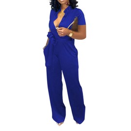Xinlees Women‘s Plus Size Jumpsuit Casual V Neck Short Sleeve Jumpsuits Elegant Stand Collar Button Down Long Pants Rompers Straight Club Outfits With Pockets Belt(Blue,3X-Large)