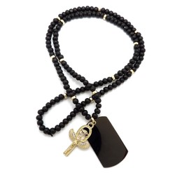 Fashion 21 Egypt Pharaoh King, Pyramid, Ankh on Dog Tag Pendant 6mm 30" Wooden Bead Necklace (Many Styles) (Eye of Horus Ankh/Hematite Dog Tag)