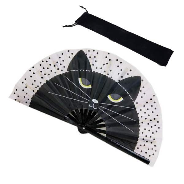 Modern Cat Face Picture, Large Folding Fan, Length 13.4 inches (34 cm), Opening Width 25.2 inches (64 cm), Fan Bag Included, Kung Fu Fan, Heat Protection, Sunshade, Event Performance (Black)