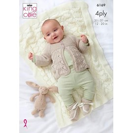 King Cole Baby Knitting Pattern Double Knit Baby Blanket, Matinee Jacket, Sweater, Bootees and Hat (6169), 12” – 20” (31cm – 51cm)
