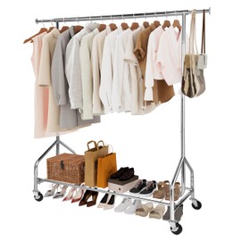 Whitmor Heavy Duty Clothes Rack, Rolling Garment Rack with Lockable Wheels, Adjustable & Extendable Metal Clothing Rack Shelves with Bottom Shelf, Max Load 450LBS for Hanging Clothes, Chrome