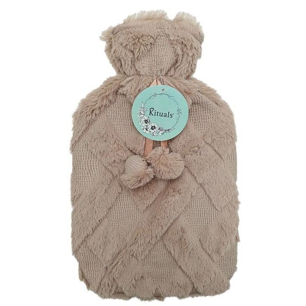 Kituals Large Quilted Faux Fur Hot Water Bottle with Pom Poms 2 Litre Hot or Cold Compress for Muscle Pain Relief (Pink)