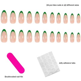 Simple Press on Nails Nude with Green Trim Fake Nails Medium Almond False Nails Glossy Full Cover Glue on Nails French Tip Acrylic Artificial Stick on Nails 24 Pcs