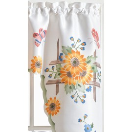3pcs Kitchen Cafe Curtain Set Air Brushed by Hand of Sunflower and Butterfly Design on Thick Satin Fabric (Swag and 36 inches Tiers Set)