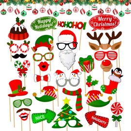 32Pcs Christmas Photo Booth Props Kit, DIY Xmas Photography Decorations Merry Christmas Party Pose Sign for Adults Kids for Christmas Party Supplies Fun Props Accessories