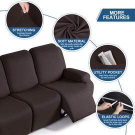 TAOCOCO Recliner Sofa Slipcover, 3 Pieces Polyester Fabric Stretch Sofa Covers for 3 Seat Reclining Couch, Soft Washable Furniture Protector with Pockets (3 Seat, Coffee)