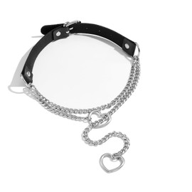 KOFISNI Leather Choker Slip Chain Necklace Stainless Steel Cuban Link Long Necklaces Gothic Punk Heart Chain Necklace Handmade Collars for Women (Black+Silver)