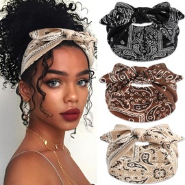 SAWINDA 3 Pcs Wide Headbands for Women Paisley Bow Hair Bands Stretchy Rabbit Ears Hair Bandana Non Slip Exercise Turban Workout Hair Scarf Accessories
